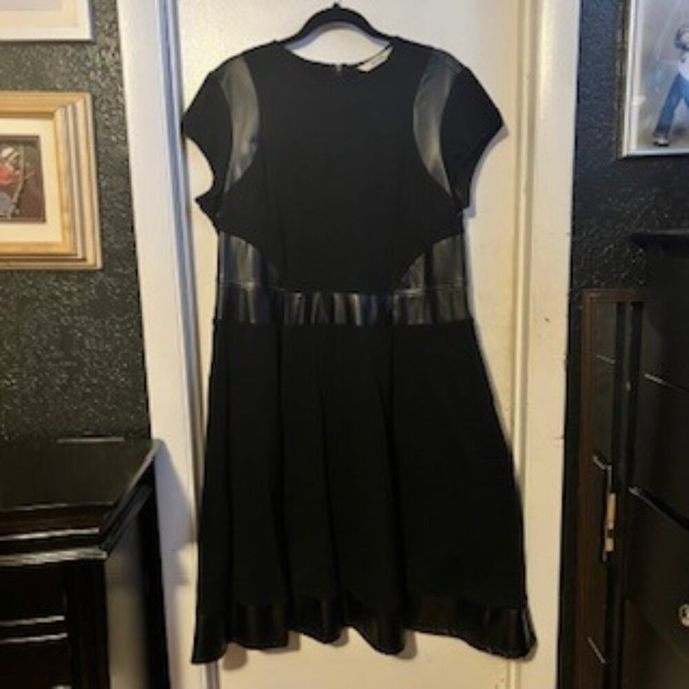 Plus-sized dress - 18W - black knit + faux leather, fit + flare, with pockets!